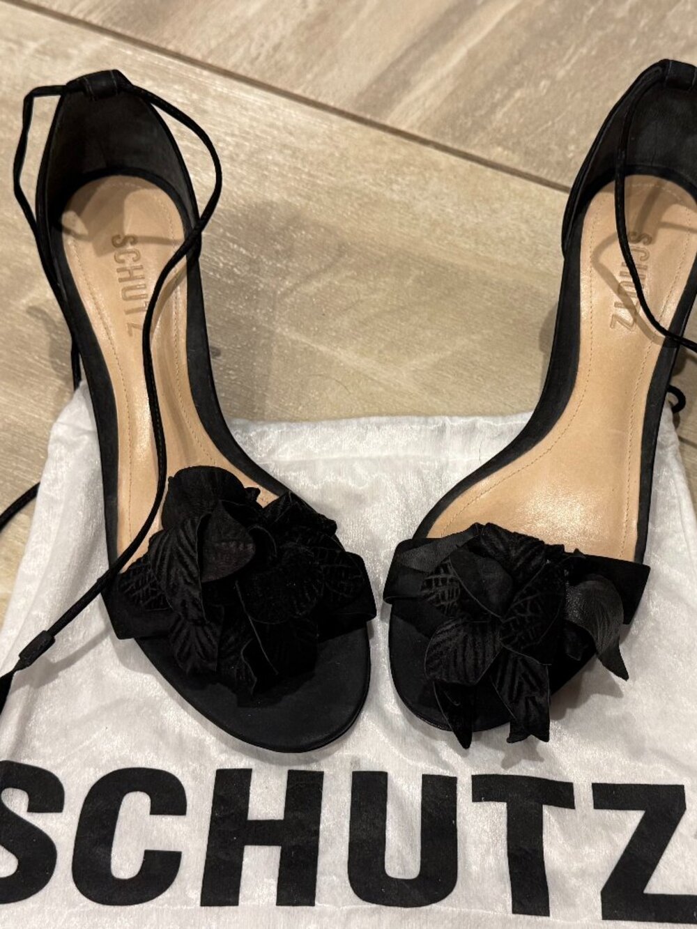SCHUTZ Black Floral Ankle Tie Block Heel Sandals Size 7.5